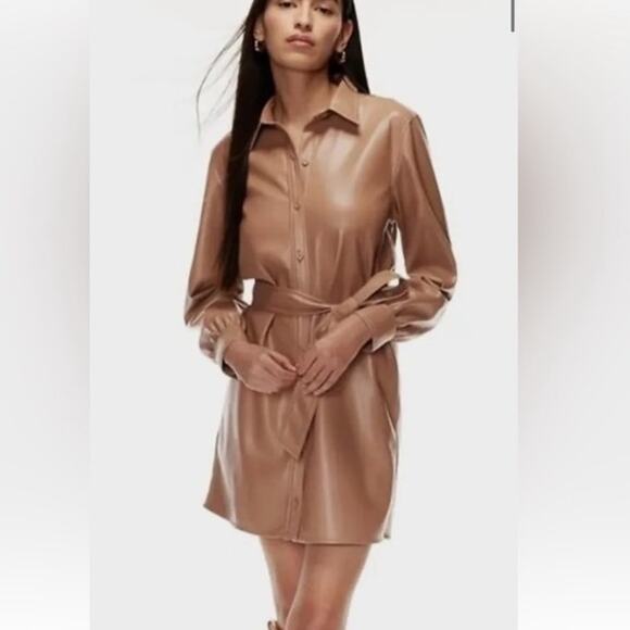 Aritzia Wilfred Sz S Caroline Shirt Dress Tan Faux Leather Minimalist Neutral - Picture 1 of 16